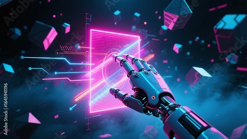 A robotic hand interacts with a neon digital interface in a futuristic, cybernetic scene with glowing elements and abstract shapes.