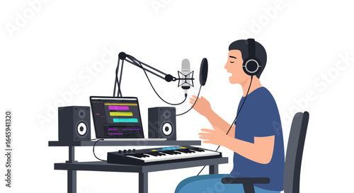 Man Creates Musical Masterpiece in His Home Studio, Immersed in Artistic Expression and Innovative Audio Engineering Techniques for Broadcasting