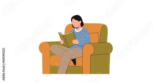 Illustration showcasing leisure activity and relaxation through reading in a comfortable armchair at home depicting a cozy lifestyle and hobby pursuit