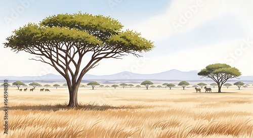 A serene african savanna landscape featuring acacia trees and grazing animals under a bright sky view