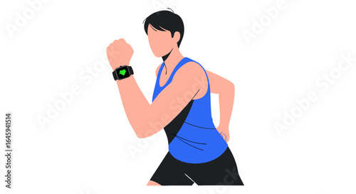 Active lifestyle illustration: Faceless athletic man running with smartwatch for health monitoring and fitness tracking in sportswear on white