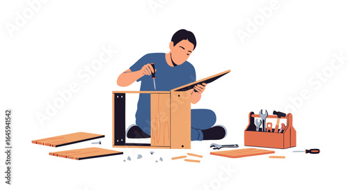 Crafting Comfort: A Focused Man Assembling Furniture with Precision and Care in a Bright Studio Setting for his new apartment
