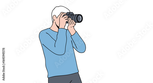 Illustration depicting a photographer with a professional camera in a simple graphic style art, focused on capturing a moment