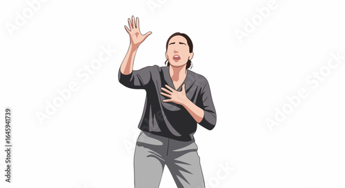 Distressed woman reaching out in desperation, hand on chest, conveying strong emotion and urgency in a simple, clean illustrationstyle design
