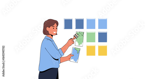 Creative woman selecting color palette for interior design project, modern illustration of interior designer selecting color shades for a new room