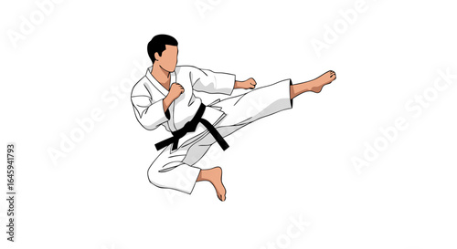 Dynamic mid-air karate kick showcasing strength skill and discipline in illustration, white backdrop emphasizes the athlete's motion