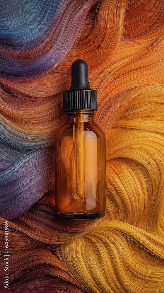 Naklejka premium Small amber glass dropper bottle with black cap placed colorful hair strands, suggesting hair dye or hair treatment product, vibrant and appealing