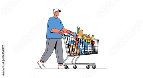 Man pushes a full shopping cart with food on a white background perfect for illustrations or designs related to consumption or trade