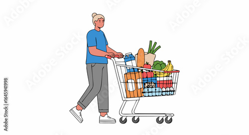 Illustration of a shopper pushing a full shopping cart filled with groceries on a white background ready for checkout