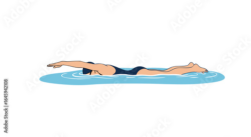 Depiction of a freestyle swimming motion, highlighting aquatic sport training, skill development, and fitness within a serene water backdrop