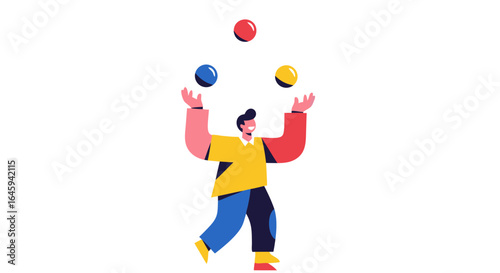 Flat Illustration of a Stylish Man Juggling with Three Colorful Balls on a Plain White Backdrop.  Minimalist depiction of a male figure skillfully