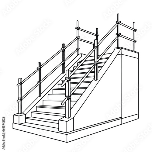 An outline illustration of a concrete staircase with temporary scaffolding handrails, depicted during a construction phase.