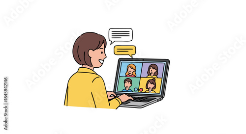 Virtual meeting illustration showing diverse participants engaging in online communication facilitated by a cheerful woman operating a laptop in a