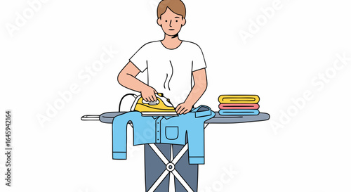 Illustration of a man ironing clothes on an ironing board in a domestic setting expressing his responsibilities and modern gender roles in household