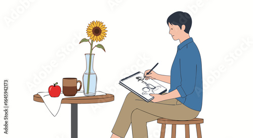 Creative artist sketching a still life: sunflower, apple, and cup, expressing artistic inspiration through drawing on a tranquil morning routine
