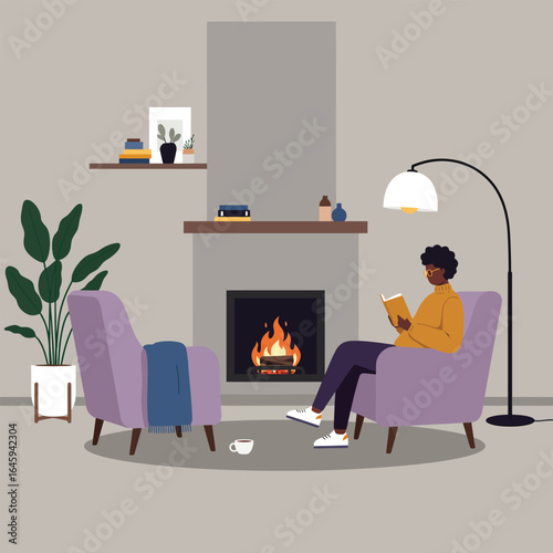 A man reading by the fireplace in a cozy room, creating a warm and inviting atmosphere for relaxation and leisure, surrounded by comfortable furniture