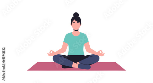 A peaceful woman sits in the lotus position, practicing mindfulness, promoting inner harmony and physical wellbeing through meditation on a pink