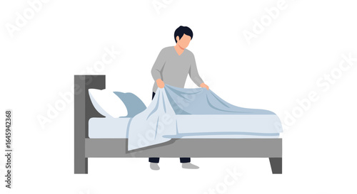 Man spreading fresh blue sheets on modern grey bed in room, creating a calming atmosphere for sleep and relaxation, illustrating bedtime routine and