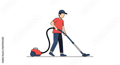 Man vacuuming, using a vacuum cleaner to clean the floor, maintaining cleanliness and tidiness in a domestic setting