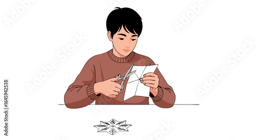 Focused young man crafting paper snowflake at desk in cartoon style illustration, highlighting creativity and holiday spirit for seasonal projects