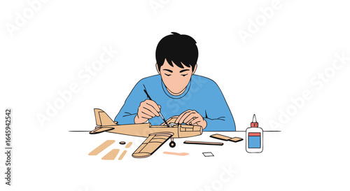 Enthusiastic model aviation hobbyist meticulously assembling a wooden plane model with focused concentration and precision at their home workshop