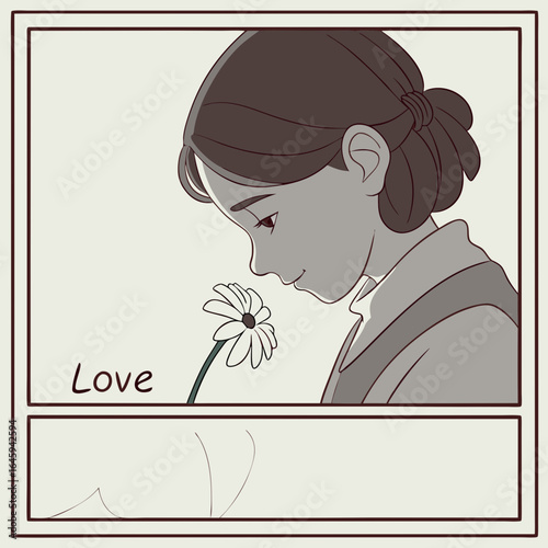 Incomplete, haphazard line scribble, ephemeral clean outline art, with scribble handwritten _love_, girl holding a flower, clip art