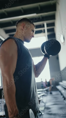 A fit man lifting dumbbells at a gym, showcasing determination and strength in a bright environment. Man Working Out with Dumbbells at Gym with Motivated Expression. Vertical