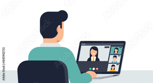 Professional video conferencing illustration, remote meeting with diverse participants showing the benefits of modern digital communication tools in