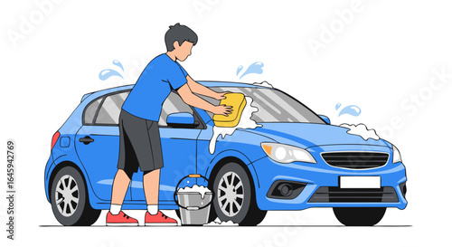 Illustrated man washing a blue car with sponge and bucket, maintaining vehicle cleanliness and hygiene for long-term value