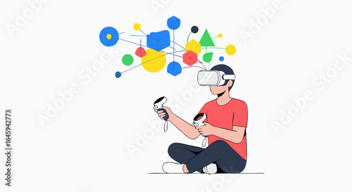 Immersive virtual reality experience with geometric figures, modern technology illustration showcasing virtual reality interaction and innovative