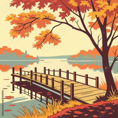 Illustration of a wooden pier extending into a calm lake surrounded by autumn foliage and a large tree