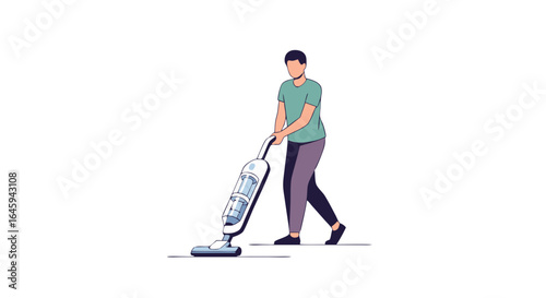 Faceless man diligently cleaning his home floors with a powerful and efficient vacuum cleaner, enjoying the household chore