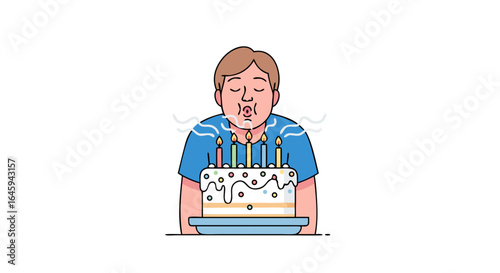 Festive celebratory moment, a person extinguishing birthday candles with a puff of air, creating joyful party atmosphere with delicious dessert