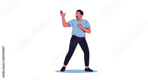 Expressive character in outburst pose conveying strong emotion on plain background with graphic style illustration of intense drama and feeling
