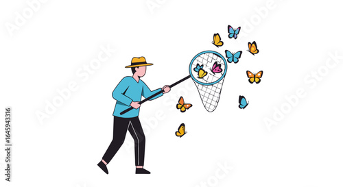 Whimsical pursuit of fluttering butterflies with net, capturing enchantment and transient beauty of nature in a delightful illustration