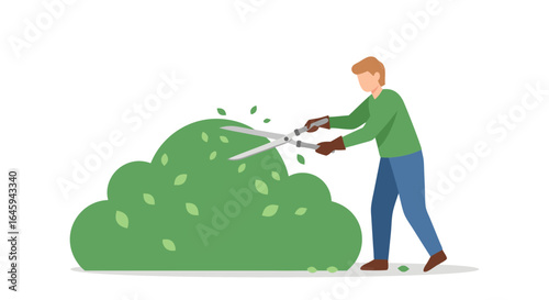 Gardener meticulously shaping a vibrant green bush with specialized shears during routine garden maintenance activities outdoors in a serene setting