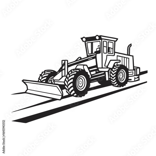 Simple black and white outline illustration of a road grader machine. Heavy construction equipment depicted with bold black lines on a white background.