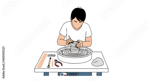 Dedicated potter shaping clay on a spinning wheel, illustrating focused craftsmanship and artistic pottery creation with hand tools, showcasing a