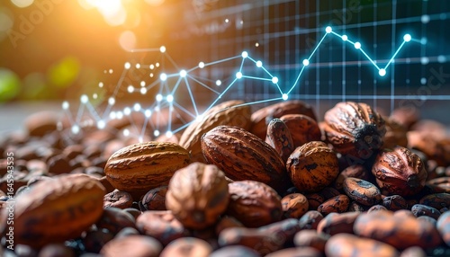 Cocoa beans with market graph, and harvest.