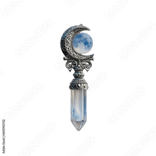 Celestial Crystal Wand Ornate Crescent Moon and Quartz Point Pendant