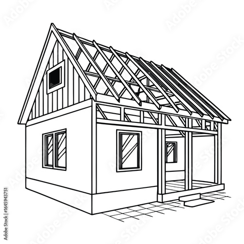 Vector illustration of a house frame with an unfinished roof truss system. Black outline on a white background for construction concepts.