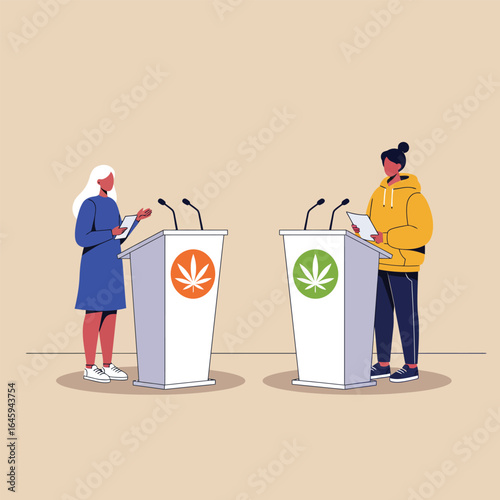 A debate on cannabis legalization featuring two speakers at podiums, representing opposing viewpoints on the issue, fostering discussion and policy reform
