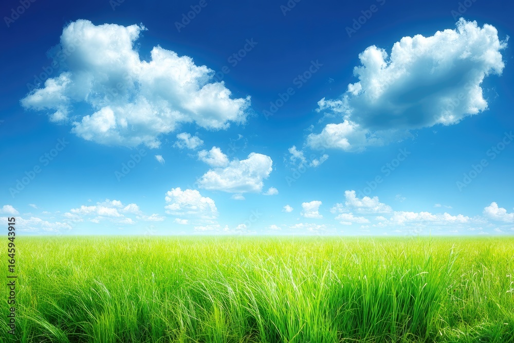 Fototapeta premium Expansive field of vibrant green grass under a vibrant blue sky with fluffy white clouds