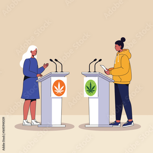 A debate on cannabis legalization featuring two speakers at podiums, representing opposing viewpoints on the issue, fostering discussion and policy reform