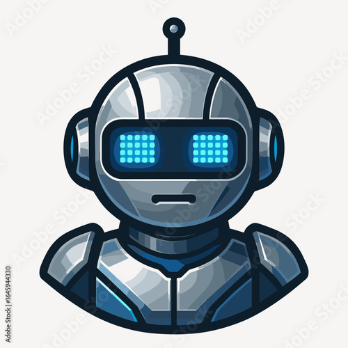 Stylized robot character illustration with metallic design and blue LED eyes representing artificial intelligence