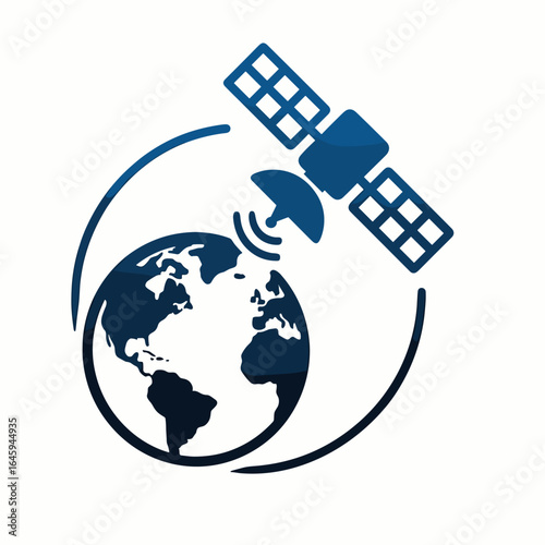 Stylized illustration of a satellite orbiting Earth with communication signals emanating