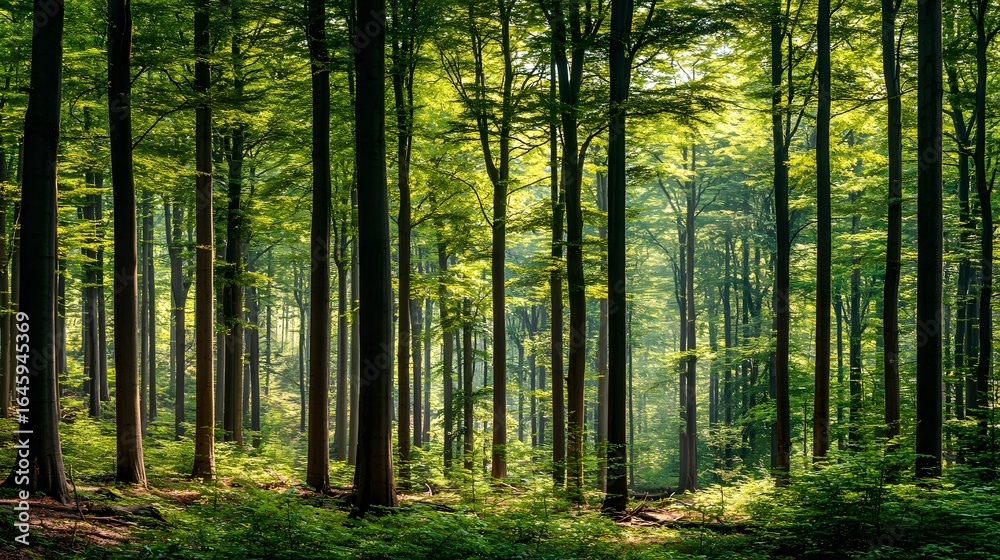 Fototapeta premium Lush green forest canopy with tall trees.