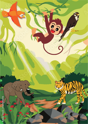 13082025_ Colorful Rainforest Life.
Description
This image is a vibrant and colorful illustration of a tropical jungle with various cartoon animals. In the upper part, a brown monkey is swinging from 