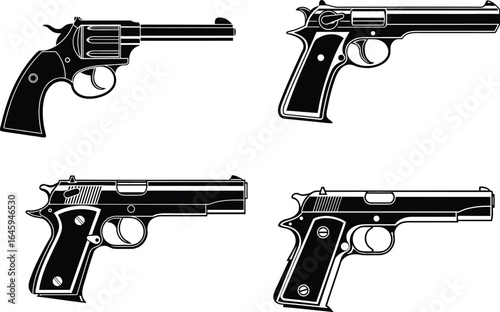 Collection of four vintage and modern handguns in black and white