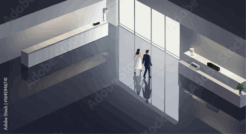 Elegant couple walking in modern office lobby with reflective floor  